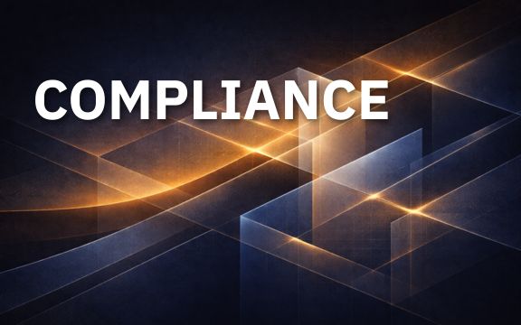 Abstract framework illustration representing compliance advisory services with structured navy and gold geometric elements