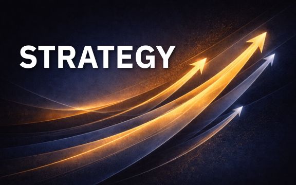 Abstract directional illustration representing strategic consulting with forward-moving navy and gold gradient elements