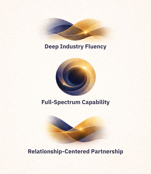 Abstract three-pillar diagram showing Deep Industry Fluency, Full-Spectrum Capability, and Relationship-Centered Partnership in navy and gold on white background